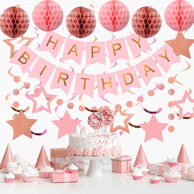 meowtastic Birthday Decorations, Happy Birthday Banner with Honeycomb Ball, Star Hanging Swirl Streamer, Circle Dot Garland, Happy Birthday Party Decoration for Women Men Boy Girls (Rose Gold & Pink)