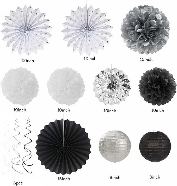 Black White-Silver Party-Decorations - 33pcs Kits Banner,Graduation Streamer Tassel Garland,Tissue Pom Poms Honeycomb,Paper Lantern Fans,Birthday Wedding Baby Bridal Shower New Years Decor Hugtmr