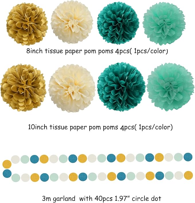 Teal-Blue Mint Beige-Gold Party Decorations - 30pcs Rustic Wedding Tissue Pom Poms Streamers,Tassel Garland Banner,Women Birthday Bachelorette Engagement Party Decor Bunting Lasting Surprise