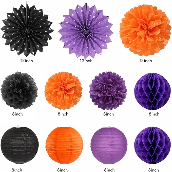 Black-Purple Orange Halloween Birthday Party-Decorations - 21pcs Happy Banner,Paper Lanterns Honeycomb,Tissue Pom Poms Flower Fan,Kids Classroom Hanging Streamers Garland Decor Supplies Huglony