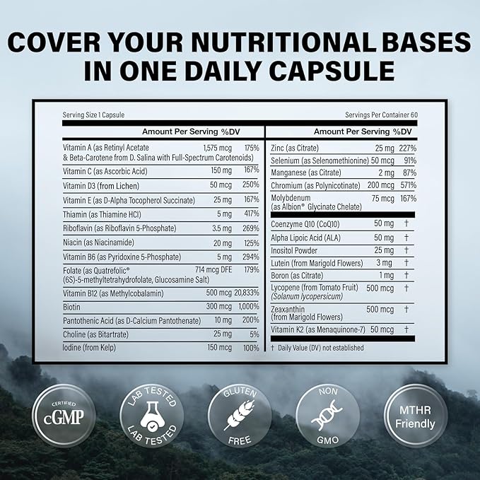 Wild Methylated Multivitamin for Women & Men | Daily Multi Vitamin | MTHFR Supplement Without Iron | Methylated B12, Folate, Vitamin C, A, K2, D, E, Choline, Biotin, ALA, CoQ10 & More (60 Capsules)