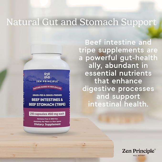 Zen Principle Grass Fed Beef Intestines with Stomach (Tripe) Supplement, Supports Digestive Health and Gut Balance, Supports Acid Reflux Balance, Natural Intestine Wellness, 210 Capsules