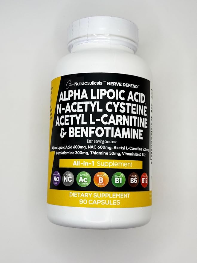 Alpha Lipoic Acid 600mg N-Acetyl Cysteine 600mg Acetyl L-Carnitine 500mg Benfotiamine 300mg - Nerve Support Supplement for Women and Men with Vitamin B1, B6 & B12 - Made in USA 90 Caps