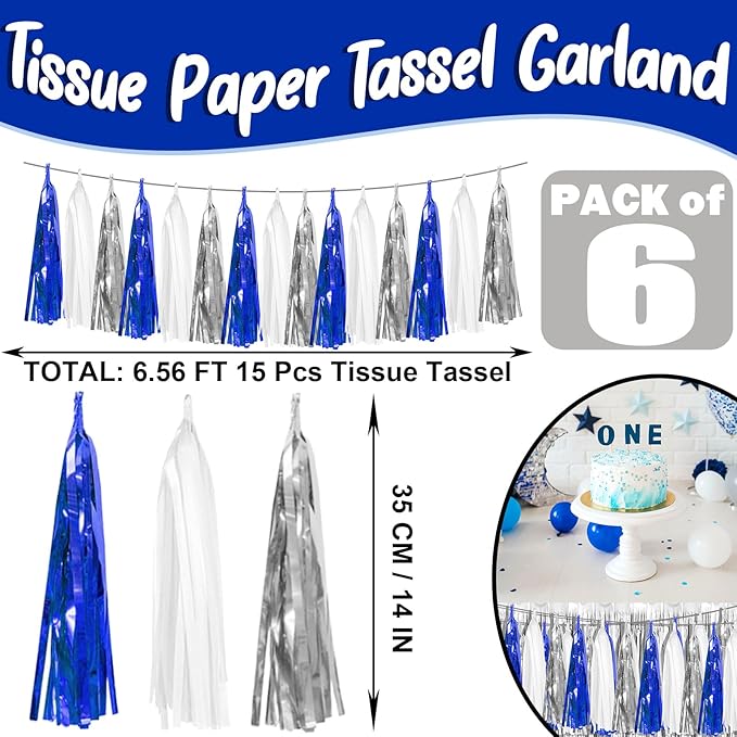 6P Navy-Blue White-Silver Tassel Garland Banner, Tassels Banner Streamers for Parade Floats, Bachelorette, Wedding, Birthday, Graduation, Christmas, Bridal/Baby Shower Party Decorations