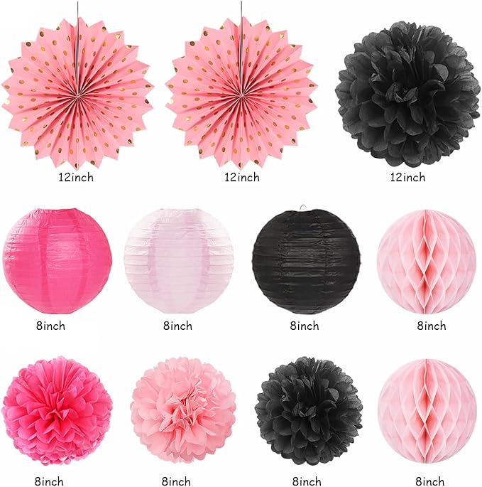 Hot-Pink Black Girls-Women Birthday Party-Decorations - 21pcs Baby Happy Banner, Paper Streamers Lanterns,Tissue Pom Poms Fan,Backdrop Decor Huglony