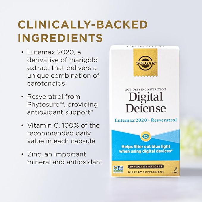 Solgar Digital Defense Eye Vitamin and Mineral Supplement, Support Eye Health with Vitamin C, Zinc & Resveratrol Supplement, Lutein and Zeaxanthin, Age-Defying Nutrition for Adults, 30 Servings