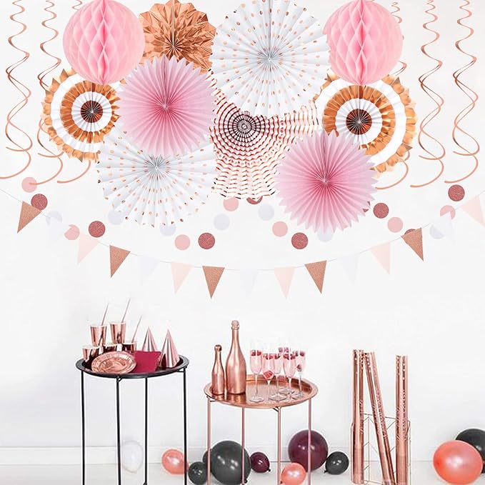 Rose-Gold Pink-White Graduation Party-Decorations - 33pcs Banner,Streamers Tassel Garland,Tissue Pom Poms Honeycomb,Paper Lantern Fan,Birthday Wedding Bridal Baby Shower Bachelorette Engagement Hugtmr