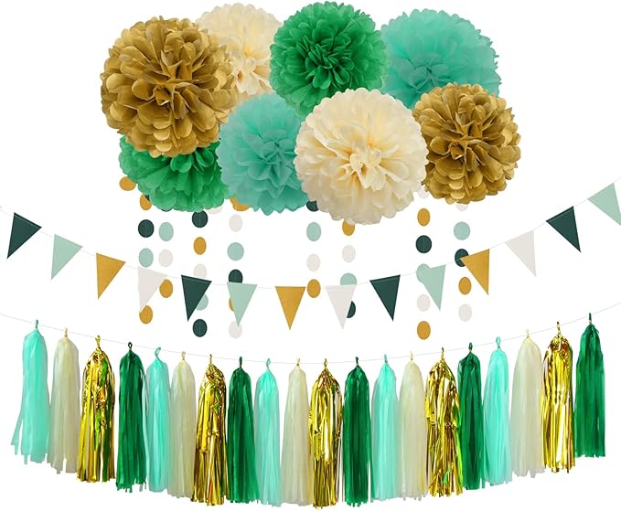 Sage-Green Beige-Gold Baby Bridal-Shower Decorations - 30pcs Rustic Wedding Tissue Pom Poms,Tassel Garland Banner,Birthday Gender Reveal Bachelorette Engagement Party Decor Bunting Lasting Surprise