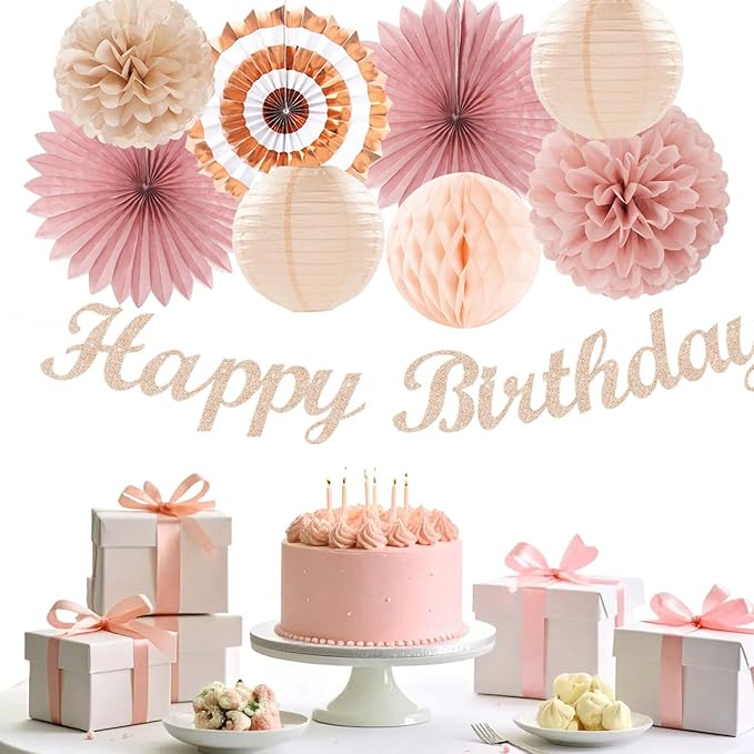 Blush-Pink Rose-Gold Fall Birthday Party-Decorations - 21pcs Boho Happy Banner Sign,Women Paper Lanterns Honeycomb,One Sweet Peach Streamers Garland,Girl Tissue Pom Poms Flowers Fans Decor Burgleda