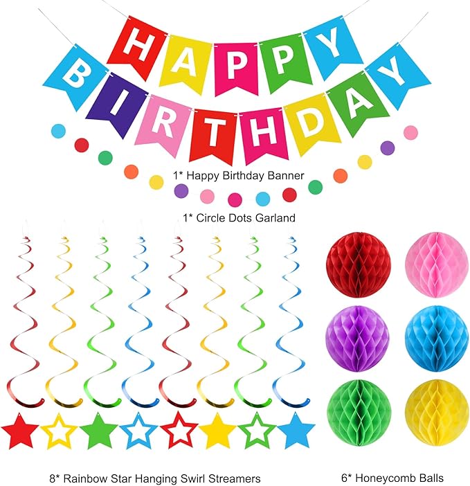 meowtastic Birthday Decorations, Happy Birthday Banner with Honeycomb Balls, Stars Hanging Swirls Streamers, Circle Dots Garland, Happy Birthday Party Decorations for Women Men Boys Girls (Rainbow)