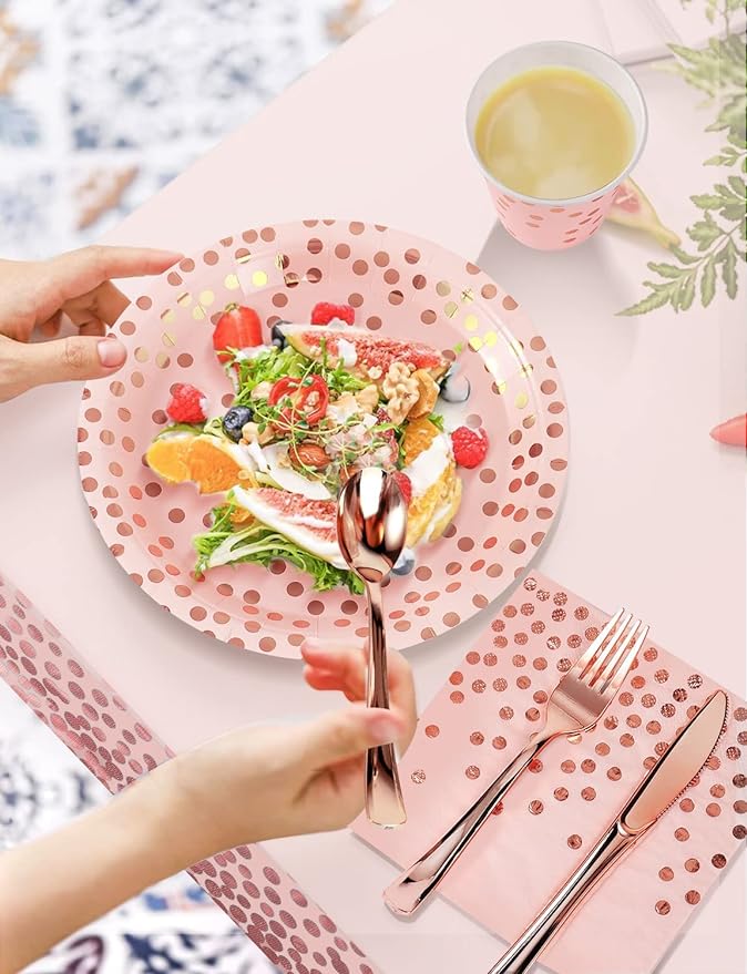 141 Pieces Pink and Rose Gold Party Supplies, Disposable Party Decorations Sets Include Paper Plates Napkins Cups, Plastic Forks Knives Spoons, for Baby Shower Birthday Wedding -20 Guests