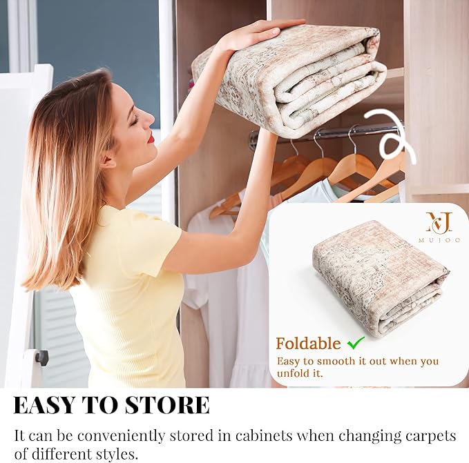 MUJOO Boho Area Rug 3'x5' Machine Washable, Pink Small Non Slip Area Rugs for Entryway Bedroom Bedside Kitchen Hallway Living Room Laundry Room Indoor Mat Soft Low-Pile Floral.