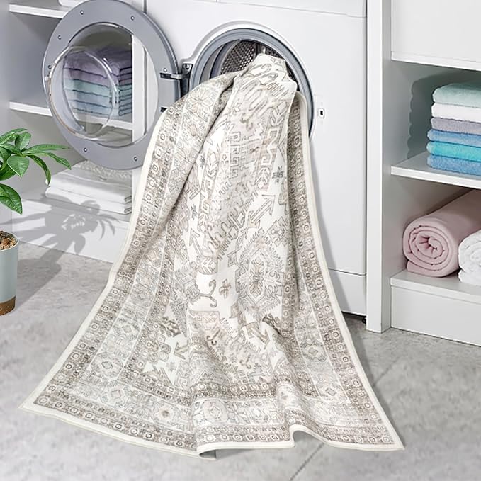 Area Rugs 8x10 for Living Room,Washable Boho 8x10 Area Rugs for Bedroom,Non Slip Carpet for Kitchen, Dining Room, Indoor, Kids Playroom Soft Low-Pile Rug, Thickness 0.2 Inches, Beige/Neutral