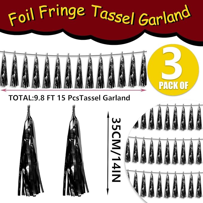 3P Metallic Fringe Tassel Banner Garland Foil Tinsel Streamer Wall Hanging Curtain Backdrop Banners for Parade Floats, 2024 Graduation Decorations, Father’s Day Party Decoration(Black)