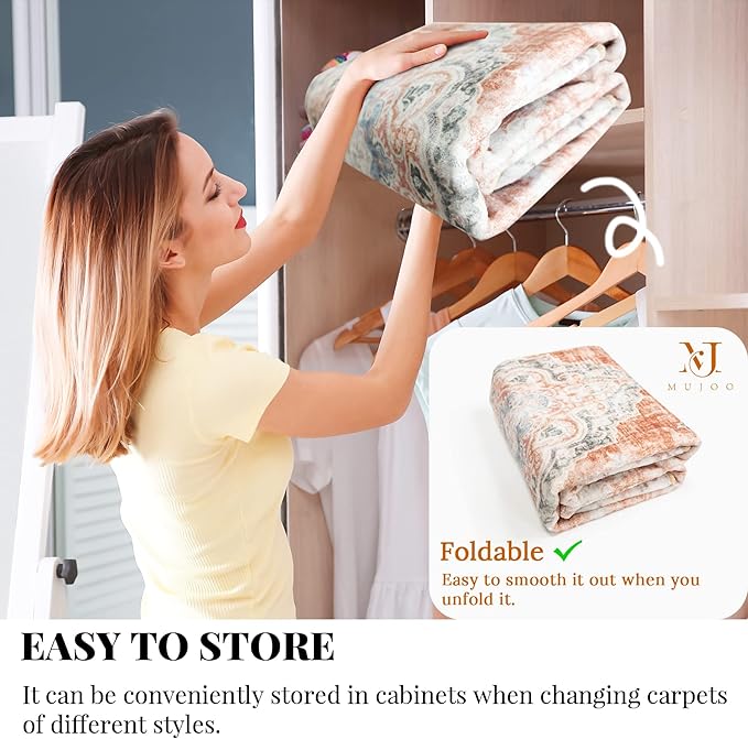 MUJOO 5'x7' Machine Washable Area Rugs for Living Room, Boho, Bedroom Laundry Room Kitchen Non Slip Carpet Abstract Soft Low-Pile Orange Navy Blue Floral.