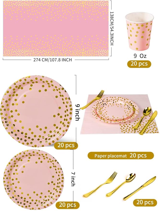 141 Pieces Pink Gold Party Supplies, Party Dinnerware Sets Include Paper Plates Napkins Cups Silverware, for Wedding Bridal Shower Engagement Birthday Parties Decoration -20 Serves