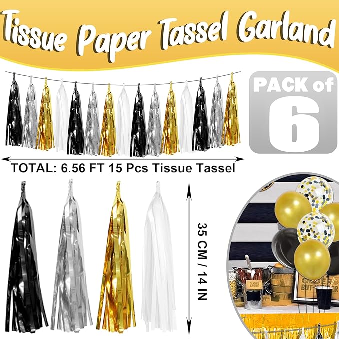 6P Black Gold Silver Foil Fringe Metallic Tassel Garland, Tassels Banner Streamers for Parade Floats, Bachelorette, Wedding, Birthday, Graduation, Christmas, Bridal/Baby Shower Party Decorations