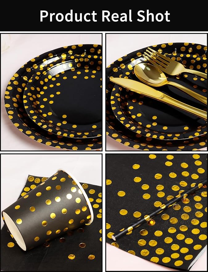 141 Pieces Black Gold Party Supplies, Disposable Party Decorations Sets Include Paper Plates Napkins Cups, Plastic Forks Knives Spoons, for Baby Shower Birthday Wedding -20 Guests