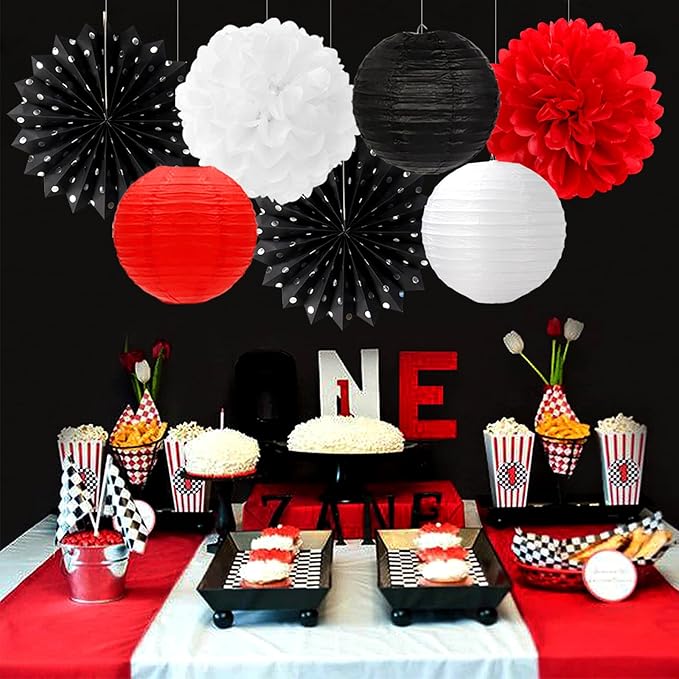Black White-Red Party-Decorations Streamers Lanterns - 14pcs Birthday Graduation 2025 Paper Honeycomb Fan,Tissue Pom Poms,Men Women Wedding Baby Shower Backdrop Supplies Decor Ouruola