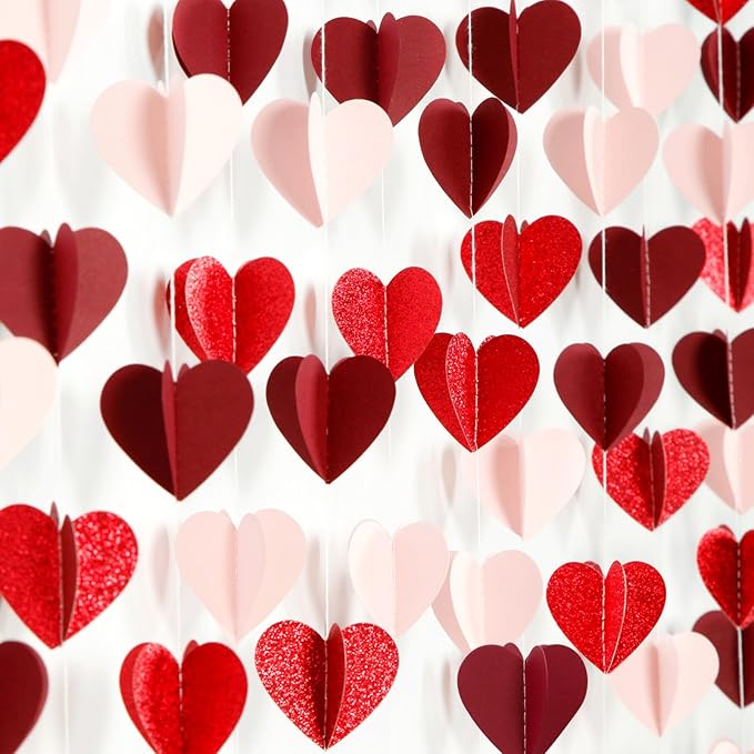 Pink Red Party-Decorations Heart-Garland - 39Ft 3D Burgundy Proposal Romantic Special Night Galentines Hanging Paper Streamers Banner,Engagement Wedding Baby Bridal Shower Decor Ouruola