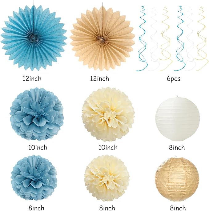 Light-Dusty Blue 18th Happy-Birthday Party-Decorations - 31pcs Women Girls Paper Lanterns Streamers Banner,Tissue Pom Poms Fans Tassels Graland Decor,Beige Champagne Wall Backdrop Supplies Hugmoon