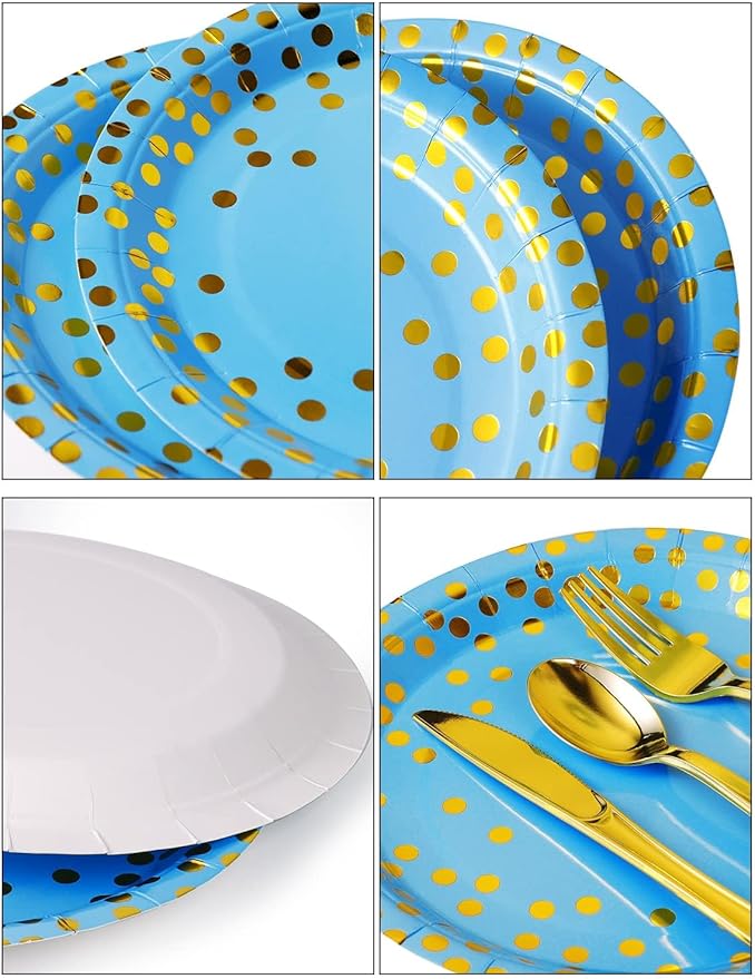 141 Pieces Sky Blue Gold Party Supplies, Disposable Party Decorations Sets Include Paper Plates Napkins Cups, Plastic Forks Knives Spoons, for Baby Shower Birthday Wedding -20 Guests