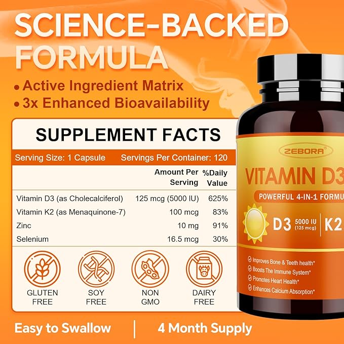 ZEBORA Vitamin D3 K2-5000 IU (125 mcg) Vitamin D & K2 (MK-7) 100 mcg with Zinc & Selenium - Maximum Absorption for Bone, Teeth, Heart & Immune Support - Gluten-Free, 120 Capsules