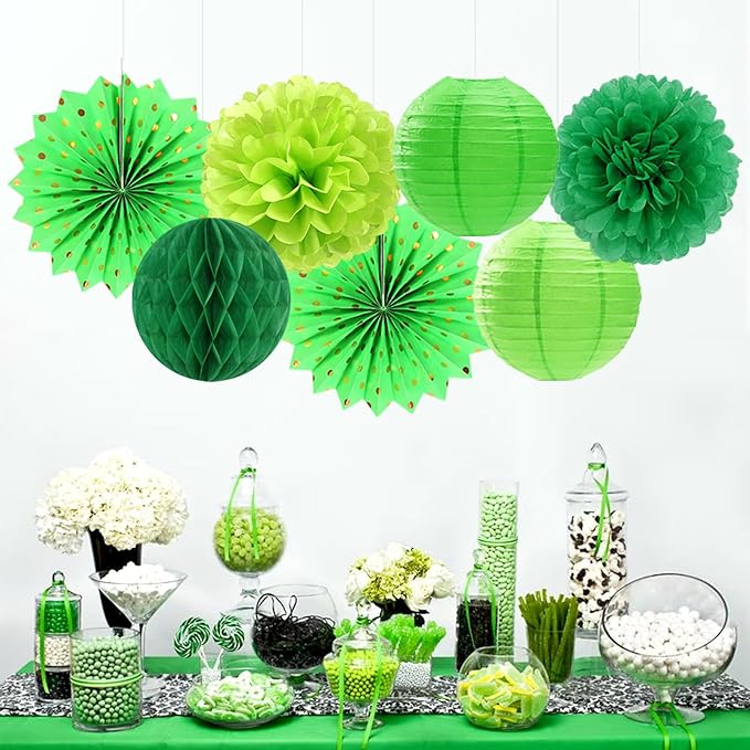 Green Party Decorations Streamers Lanterns - 14pcs St Patricks Day Paper Lanterns Fan,Tissue Pom Poms,Honeycomb Spring Summer Birthday Wedding Engagement Baby Shower Decor Ouruola