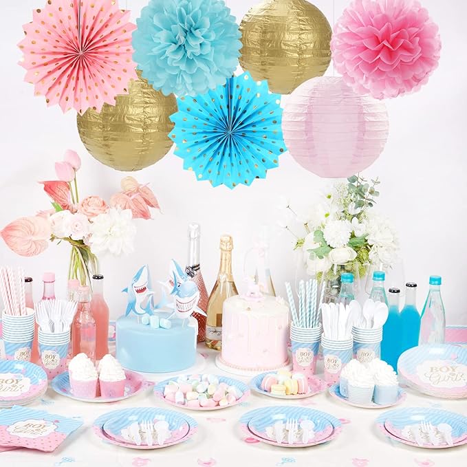 Pink Blue-Gold Party-Decorations Streamers Lanterns - 14pcs Gender Reveal Boy or Girl Birthday Paper Lanterns Fan,Tissue Pom Poms Streamer, Honeycomb Balls Decor