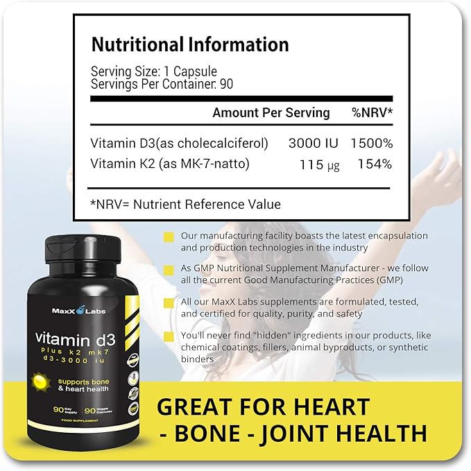 Vitamin D3 K2 3000 IU - with Vitamin K as MK-7 from Natto - High Potency Vitamin D Supplement Support Healthy Bones, Teeth, Heart & Immune Function, Gluten-Free - 90 Capsules