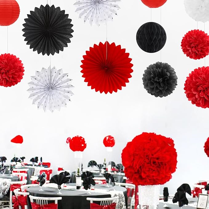 Red-Black White Party-Decorations Paper-Flowers Lanterns - 20PCS Halloween Tissue Pom Poms Streamers Fans Honeycomb, Vintage Baby Shower Birthday Bachelorette Hanging Supplies Decor Burgleda