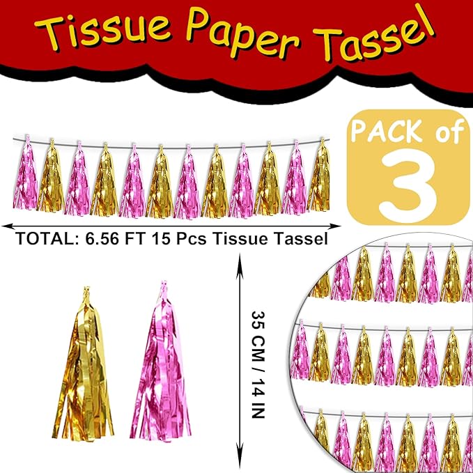 3P Gold Pink Metallic Fringe Tassel Banner Garland Foil Tinsel Streamer Wall Hanging Curtain Backdrop for Parade Floats, Graduation, Wedding, Bachelorette, Birthday, Retirement Party Decorations