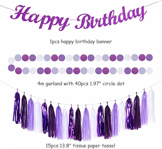 Purple-Lilac Lavender-White Happy Birthday Party-Decorations - 31pcs 20th Women Girls Paper Lanterns Streamers Banner,Tissue Pom Poms Decor,Flower Fans Tassels Graland Backdrop Supplies Hugmoon