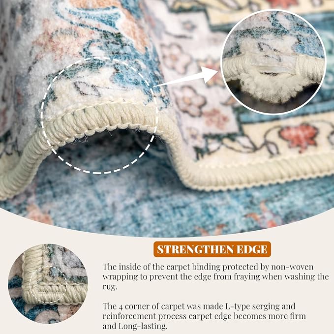 MUJOO Teal Round Rug 4ft,Circle Washable Area Rugs for Bedroom Living Room Bathroom,Boho Small Non Slip Circular Carpet,Floral