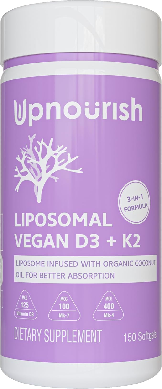 UpNourish Certified Vegan Vitamin D3 5000 IU K2 MK4 MK7 500 mcg Supplement, 150 Softgels, Plant Based Liposomal Vitamin D K with Organic Coconut Oil, Non GMO, Gluten and Gelatin Free