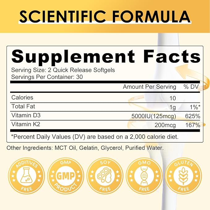 Vitamin D3 K2 Supplement with Vitamin D3 5000 IU, 200 mcg Vitamin K2 MK-7 & Natural Coconut Oil, Plant Based 2-1 Formula for Bone, Teeth, Muscle and Immune Health Support (60 Count (Pack of 1))