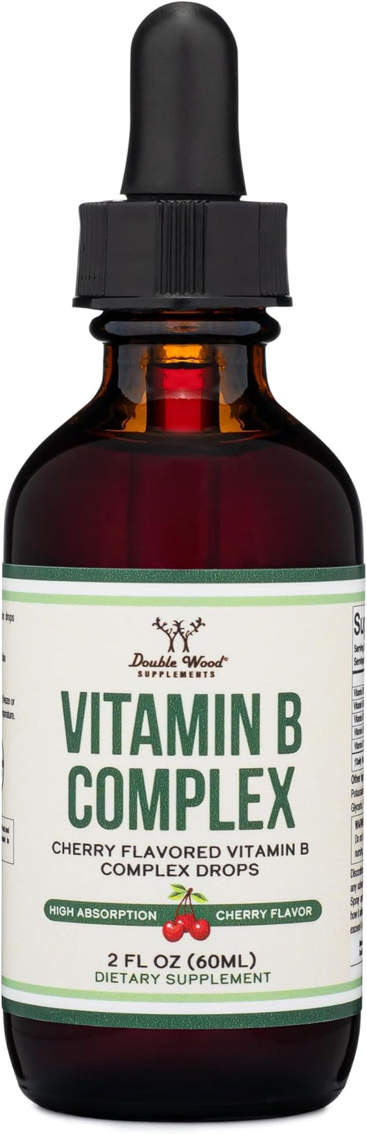 Double Wood Supplements Liquid Vitamin B Complex - 2 Month Supply - Max Absorption - B3, B6, B7 (Biotin), B9, and Vitamin B12 - Cherry Flavor - 2 FL OZ