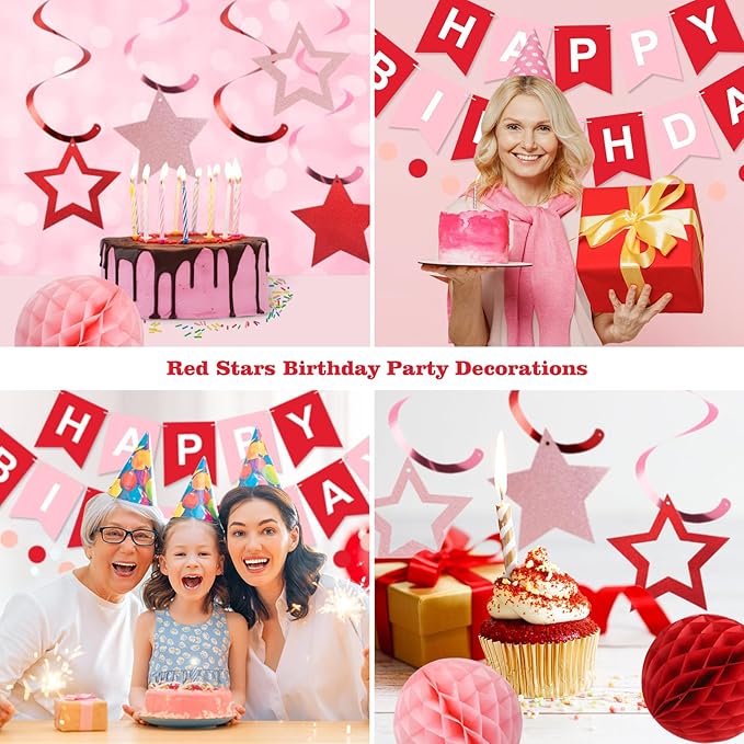 meowtastic Birthday Decorations, Happy Birthday Banner with Honeycomb Balls, Stars Hanging Swirl Streamers, Circle Dots Garland, Happy Birthday Party Decorations for Women Men Boys Girls (Red)
