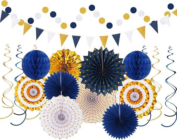 Navy-Blue White-Gold Graduation Party-Decorations - 33pcs Kits Banner, Streamers Tassel Garland,Tissue Pom Poms Honeycomb, Paper Lantern Fans,Wedding Birthday Baby Shower Backdrop Ceiling Decor Hugtmr