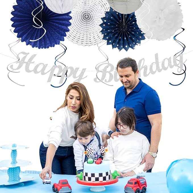 Navy-Blue White Sliver Birthday Party-decorations - 21pcs Men Boys Adult Happy Banner Garland, Royal Paper Streamers Lanterns,Flower Tissue Pom Poms Fan Supplies, Wall Backdrop Decor Huglony