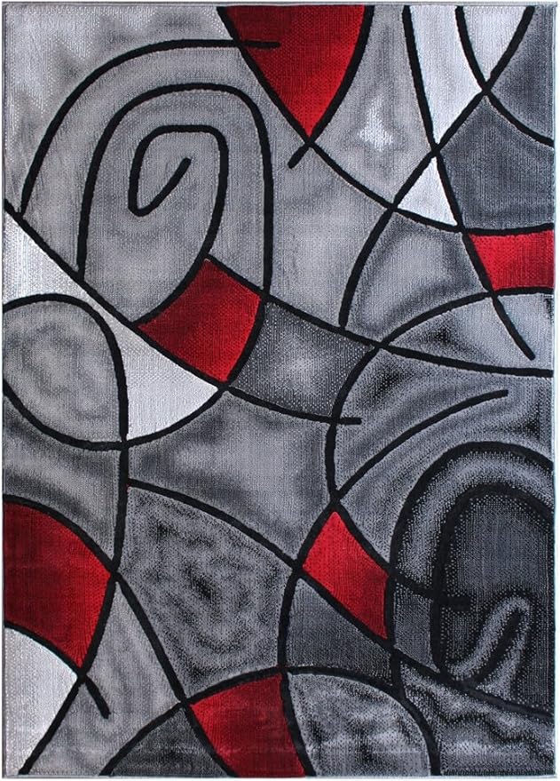 Masada Rugs, Modern Contemporary Area Rug, Red Grey Black. (5 Feet X 7 Feet)