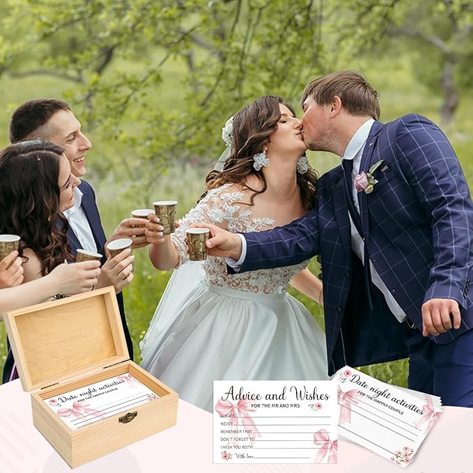 50Pcs Wedding Pink Bow Advice and Wishes Cards Box for The Mr and Mrs Wedding Bridal Shower Engagement Party Games Decorations for Reception