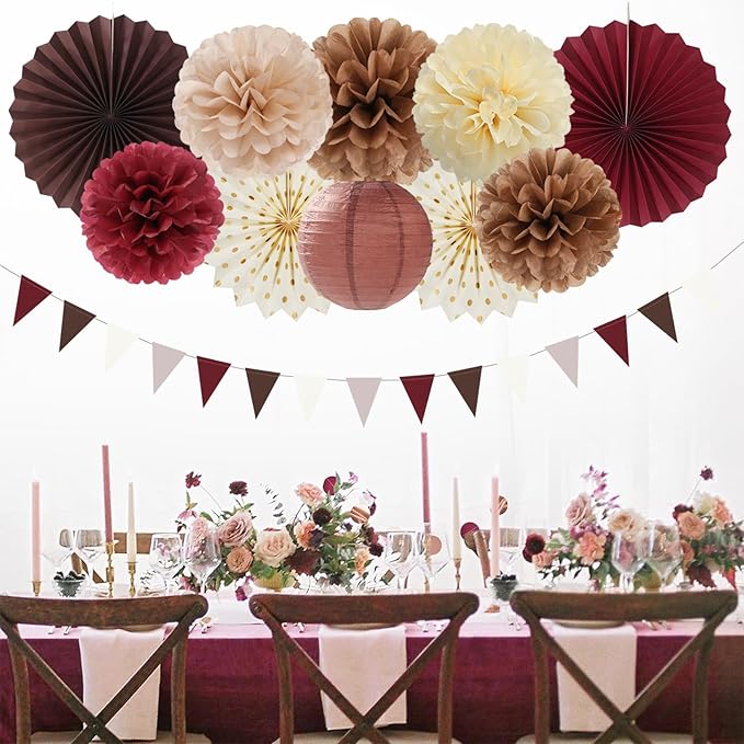 Burgundy Brown Beige Boho Party-Decorations - 20pcs Dusty Pink Fall Birthday Paper Lanterns Fans,Tissue Pom Poms,Honeycomb Balls,Autumn Wedding Bridal Shower Rustic Neutral Baby Decor Burgleda