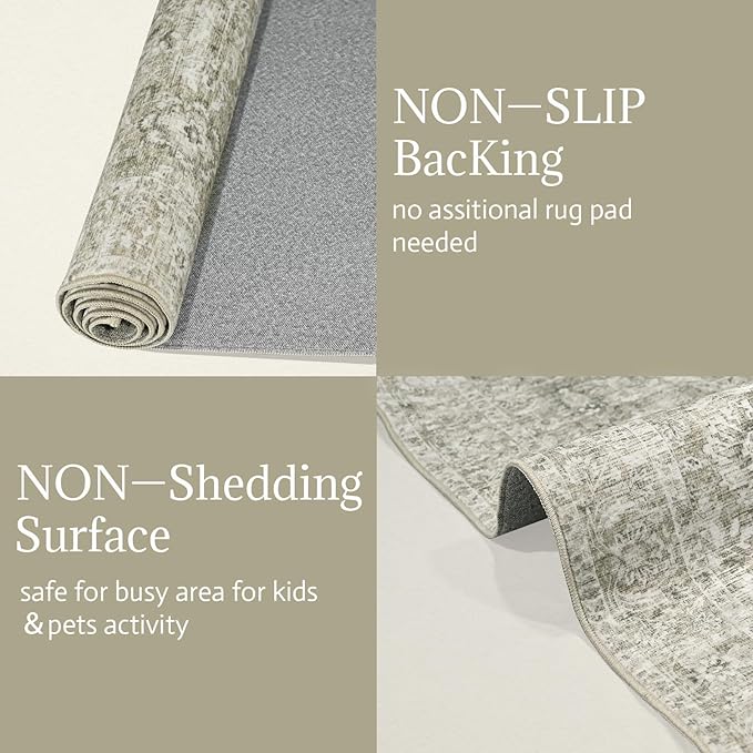 Washable Area Rugs 5'x7' Non-Slip Vintage Boho Distressed Fade Resistant Low Pile Carpet for High-Traffic Living Room, Bedroom & Dining Room