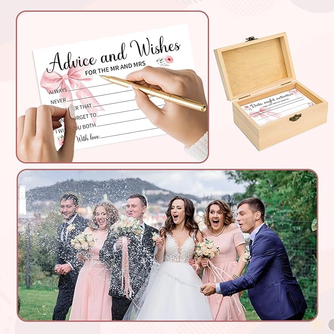 50Pcs Wedding Pink Bow Advice and Wishes Cards Box for The Mr and Mrs Wedding Bridal Shower Engagement Party Games Decorations for Reception