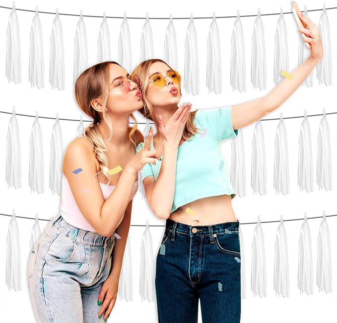 3P Metallic Fringe Banner Garland Foil Tinsel Streamer Wall Hanging Curtain Backdrop Banners for Parade Floats Graduation Decorations, Baby Bridal Shower Party Decoration(White)