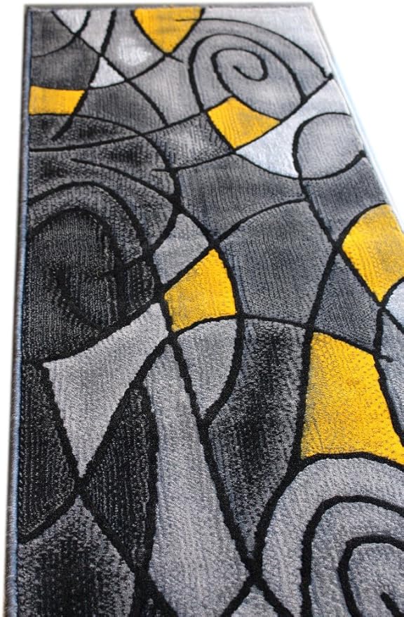 Masada Rugs, Modern Contemporary Runner Area Rug, Yellow Grey Black (2 Feet X 7 Feet)