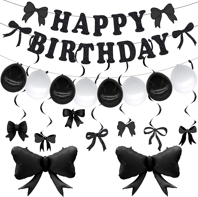 FBQ 24 Pcs Black Bow Happy Birthday Banner Bow Hanging Swirls Black Bow Foil Balloons Latex balloon Butterfly Themed Birthday Party Decorations Supplies