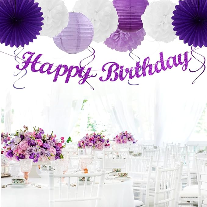 Purple-Lilac Lavender-White Happy Birthday Party-Decorations - 31pcs 20th Women Girls Paper Lanterns Streamers Banner,Tissue Pom Poms Decor,Flower Fans Tassels Graland Backdrop Supplies Hugmoon