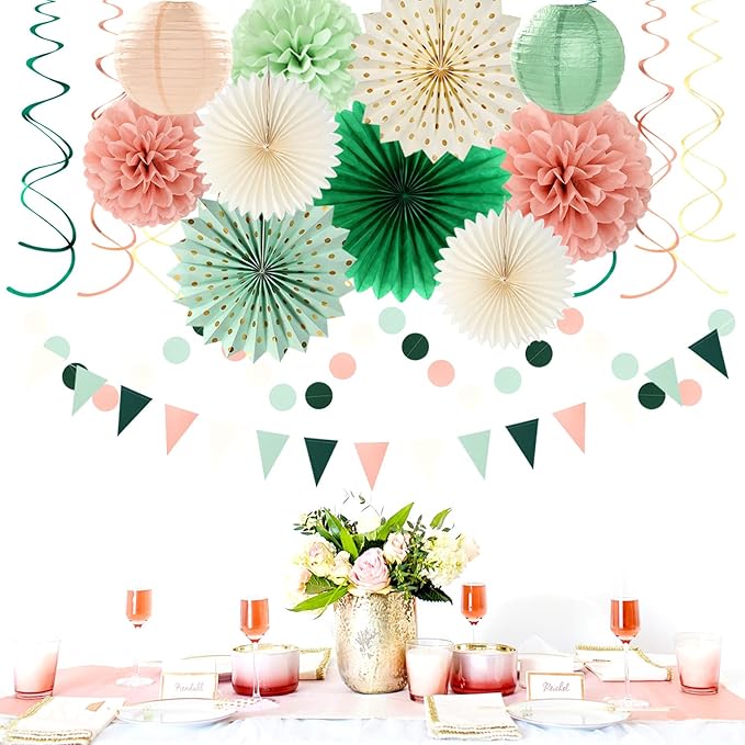 Sage-Olive Green Pink-Beige Boho Party-Decorations - 33pcs Birthday Streamers Tassel Garland,Banner Tissue Pom Poms,Paper Lantern Fans,Rustic Neutral Wedding Baby Bridal Shower Engagement Decor Hugtmr